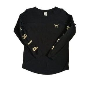 FINAL $ Womens/Juniors VS PINK Black Bling Long Sleeve Shirt Oversized XSmall